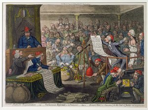 Regeneração Patriótica, -Viz.- Reform&39;d Parlamento A la Françoise, - Isso é- homens honestos (ou seja, oposição) na sede da Justiça, publicado por Hannah Humphrey em 1795 (gravura à mão colorida, engravin